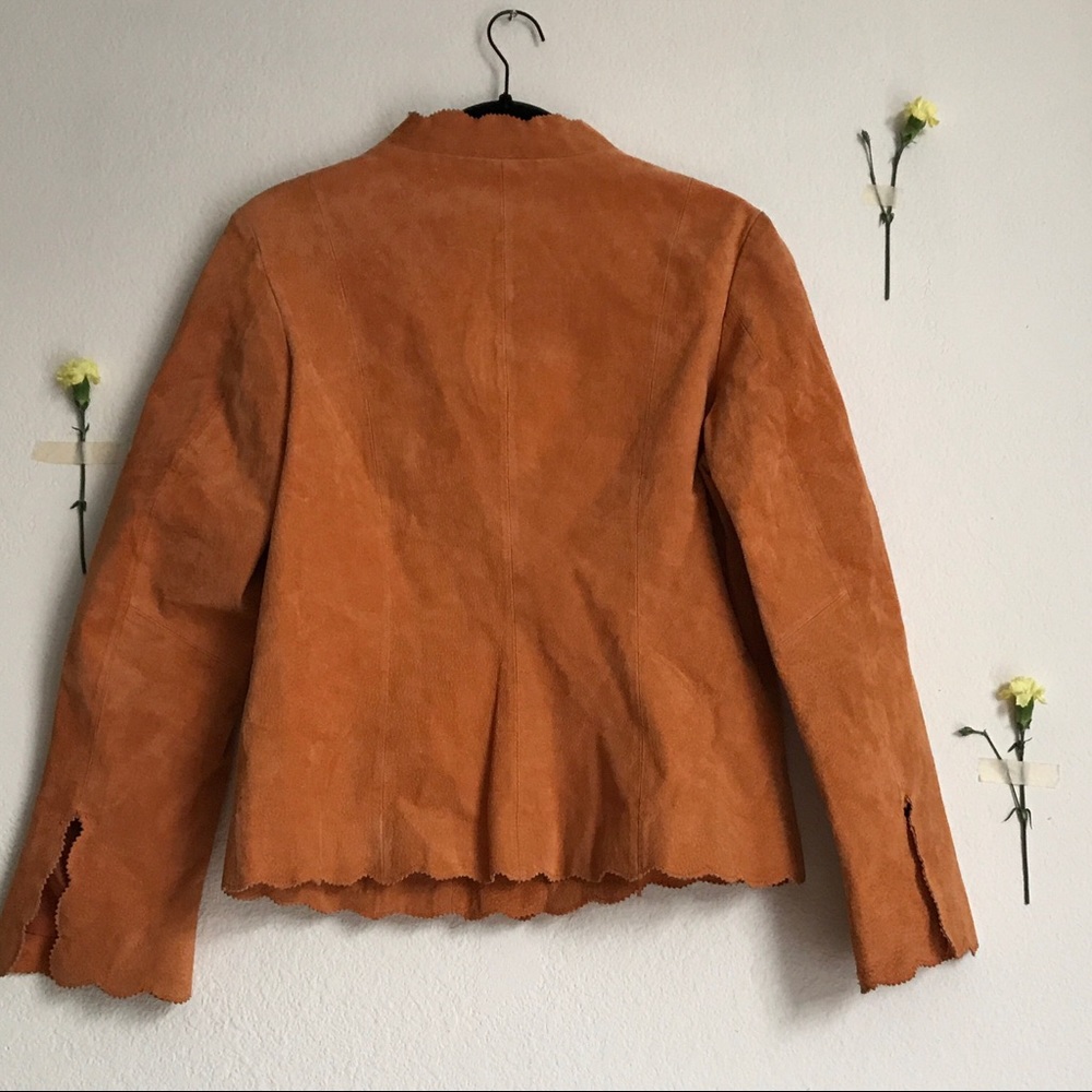 rust brown suede leather jacket with scalloped hem - Picture 3 of 6